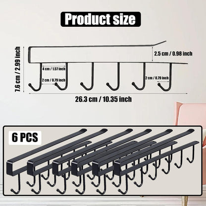 6PCS Mug Hooks Under Cabinet,Mug Holder Under Shelf,Coffee Cups Holder Hanger with 6 Hooks for Kitchen Utensils,Fit for 0.95 inch Thickness or Less,Drilling Free (Black)