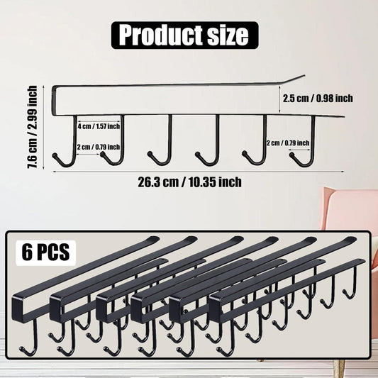 6PCS Mug Hooks Under Cabinet,Mug Holder Under Shelf,Coffee Cups Holder Hanger with 6 Hooks for Kitchen Utensils,Fit for 0.95 inch Thickness or Less,Drilling Free (Black)