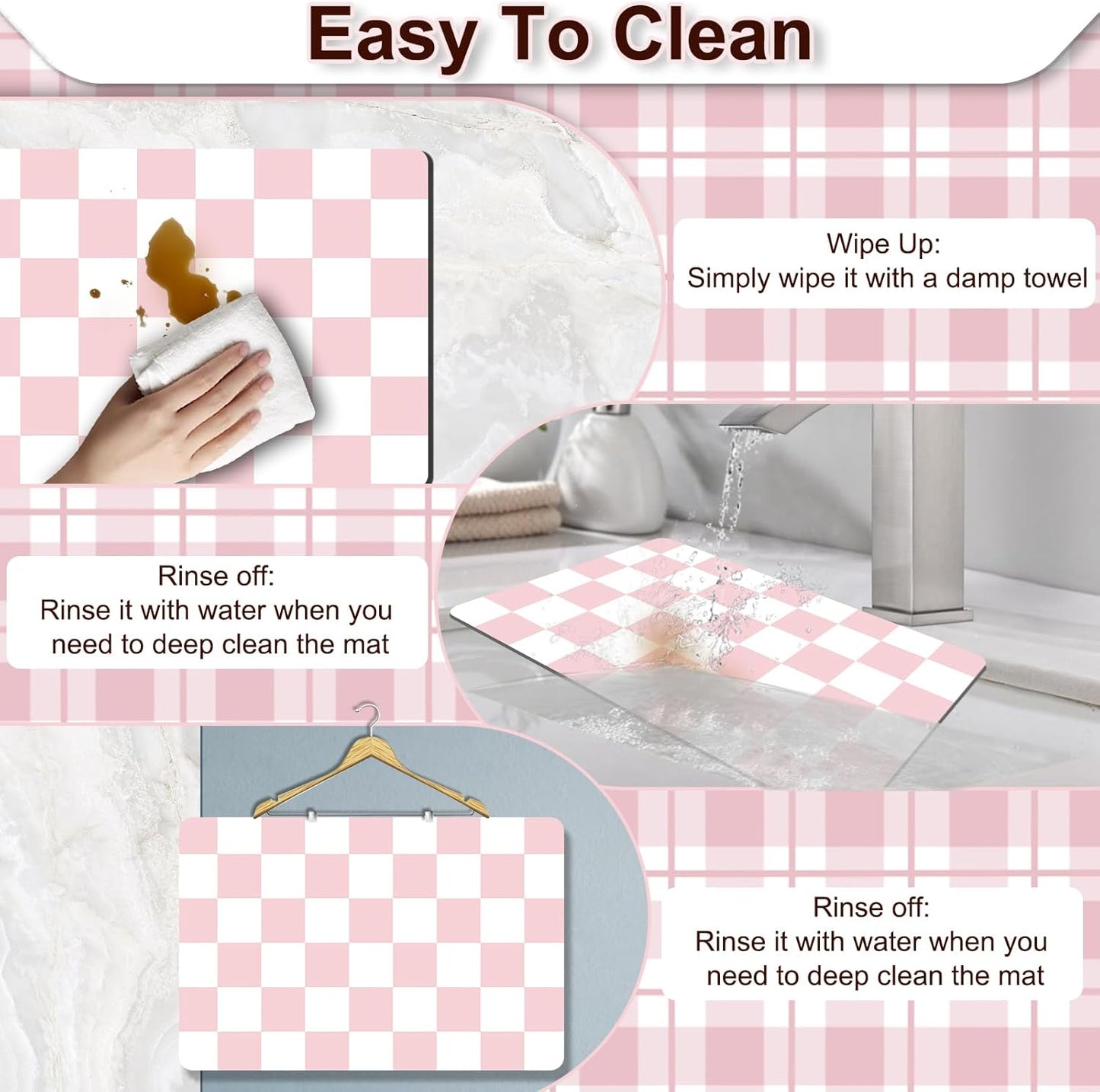 Dish Drying Mat for Kitchen Counter, 16.5’’ X 31.5’’ Absorbent Coffee Mat, Checkered Coffee Bar Mats for Espresso Machine Station, Hides Stains, Rubber Backed Dish Drying Pad, Pink & White
