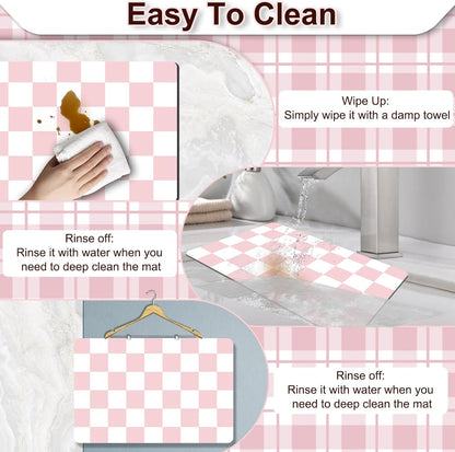 Dish Drying Mat for Kitchen Counter, 16.5’’ X 31.5’’ Absorbent Coffee Mat, Checkered Coffee Bar Mats for Espresso Machine Station, Hides Stains, Rubber Backed Dish Drying Pad, Pink & White