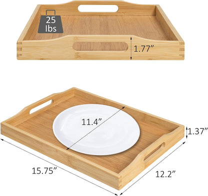 Bamboo Food Serving Tray with Handles, Breakfast Bed Tray for Tea,Snack,Dinner, Home Decorative Storage Food, Platter, Ottoman for Kitchen Counter, Bathroom, Restaurant (Beige)