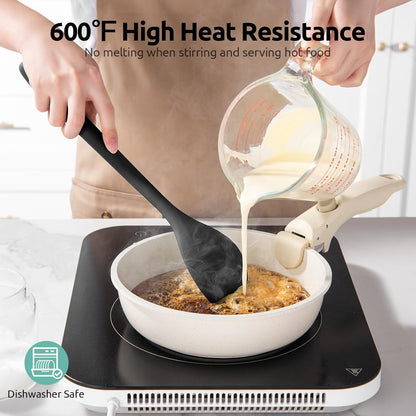 600ºF Heat Resistant Silicone Spoon: U-Taste 13.3in Solid Kitchen Cooking Spoon, Nonstick Food Grade Large & Long Soup Rubber Utensil for Mixing, Serving, Stirring, Basting, for Pot Cookware (Black)