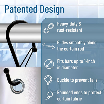 Set of 12 Black Metal S Hook Shower Hooks 1” – Closed, Heavy Duty, Long Decorative Shower Curtain Hooks, Easy Glide, Buckle, Large Rust Resistant Rings for Bathroom Rods (Black, S)