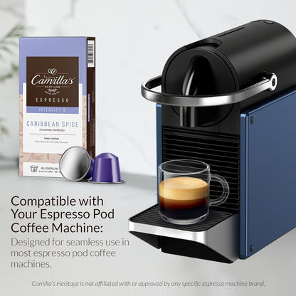 Camilla’s Heritage - Intensity 8 Caribbean Spice Flavored Espresso Coffee, Gourmet Espresso Cups, 60 Coffee Pods
