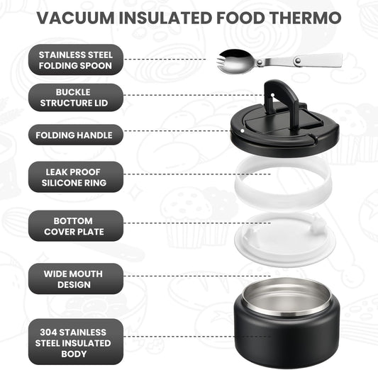 Soup Thermo for Hot Food Kids 13.5oz Lunch Containers with Buckle Lid Wide Mouth Hot Food Jar Vacuum Insulated Stainless Steel Bento Box Leakproof with Spoon(Black)