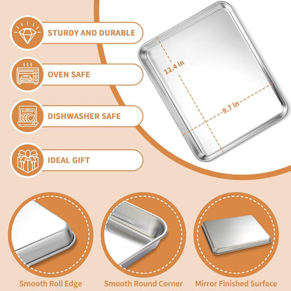 Stainless Steel Baking Sheet Set of 2, Deedro Cookie Sheet Metal Baking Pan Oven Tray, Non Toxic & Heavy Duty, Rust Free & Mirror Finish, Easy Clean & Dishwasher Safe, 12 x 10 x 1 Inch