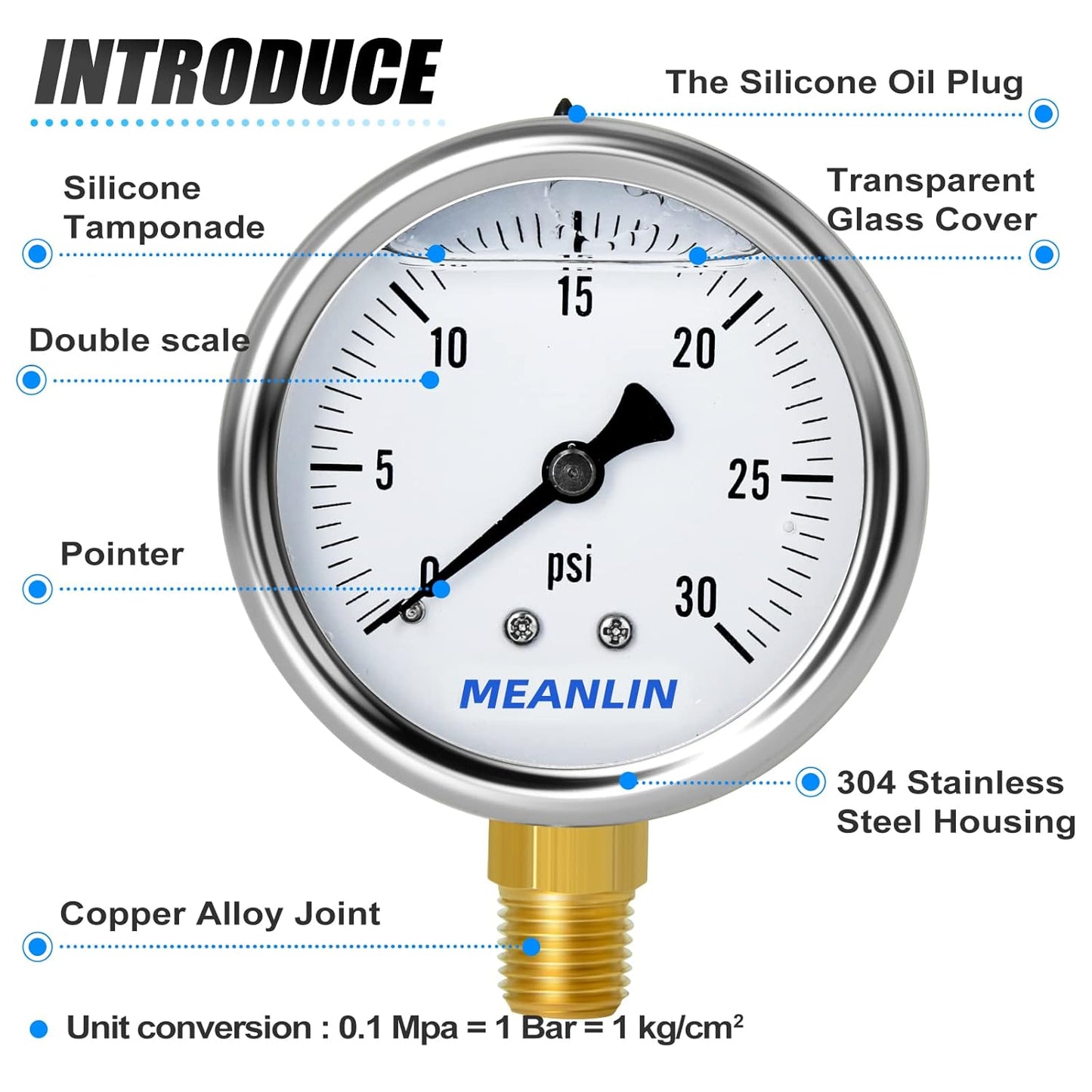 MEANLIN MEASURE 0~30Psi Stainless Steel 1/4" NPT 2.5" Single Scale FACE DIAL,Glycerin Filled Pressure Gauge, WOG Water Oil Air Lower Mount, with 1/4" x 1/2" NPT and 1/4" x 3/8" NPT Hex Bushing