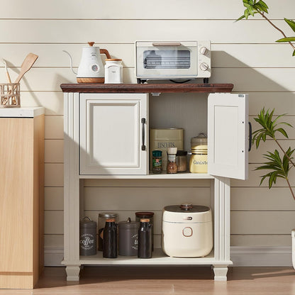 Farmhouse Coffee Bar Station with 2-Door Cabinet, Small Kitchen Cabinet with Open Lower Shelf, Entryway Table with Storage for Dining Room, Kitchen, Hallway, Living Room, White