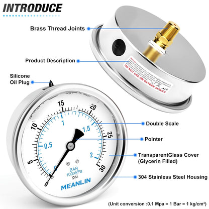 MEANLIN MEASURE 0~30Psi Stainless Steel 1/4" NPT 4" FACE DIAL Liquid Filled Pressure Gauge WOG Water Oil Air Back Mount, with 1/4" x 1/2" NPT and 1/4" x 3/8" NPT Hex Bushing