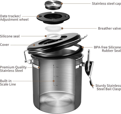 Veken Coffee Canister, Airtight Stainless Steel Kitchen Food Storage Container with Date Tracker and Scoop for Beans, Grounds, Tea, Flour, Cereal, Sugar, Cookies Jars, 16OZ Gray