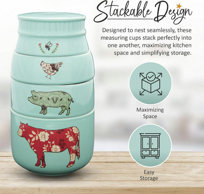 Pavilion Gift Company - 'Live Simply Bee, Chicken, Pig, and Cow' - 4-Piece Stoneware Measuring Cups Set, Sturdy Farmhouse-Style Kitchenware for Home Baking, Cooking, Gifting - Teal, 8 Ounces