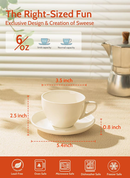 Sweese 6 Ounce Cappuccino Cups with Saucers, Porcelain Double Espresso Cups Set of 6 - White