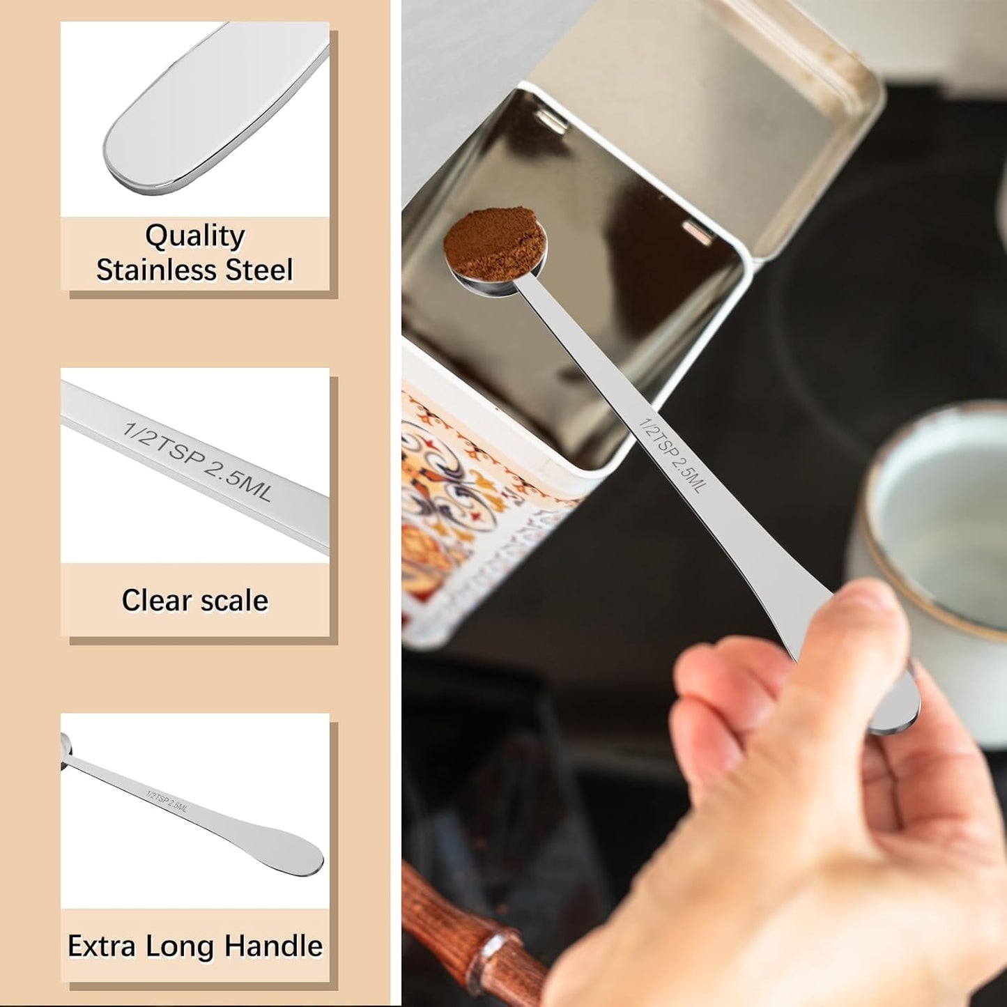 2PCS 1/2 Teaspoon(1/2tsp, 1/6tbsp, 2.5 ml) Single Measuring Spoon, Extra-long Handle Individual Measure Scoop, Stainless Steel Spoons Only
