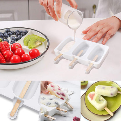 Ouddy Life Popsicle Molds Set of 2, Ice Pop Molds Silicone 4 Cavities Ice Cream Mold Oval Cake Pop Mold with 50 Wooden Sticks for DIY Popsicle, White