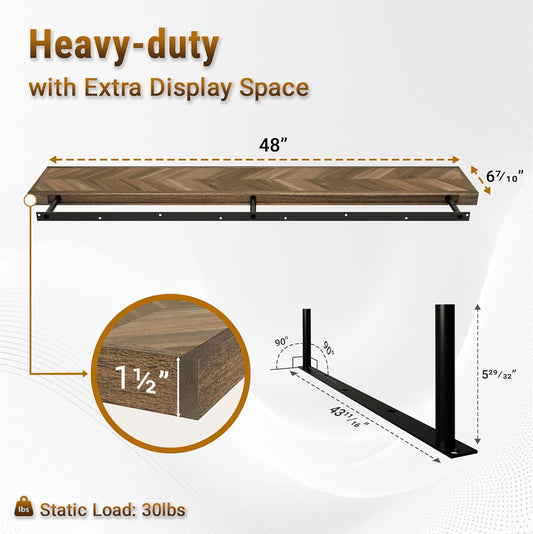 48" Rustic Farmhouse Floating Shelves – Set of 2 Acacia Wood Shelves for Stylish Wall Decor in Kitchen, Bathroom, Unique Chevron Pattern, Dark Walnut Color, 48x8x1.5 Inches - Set of 2 - DIY
