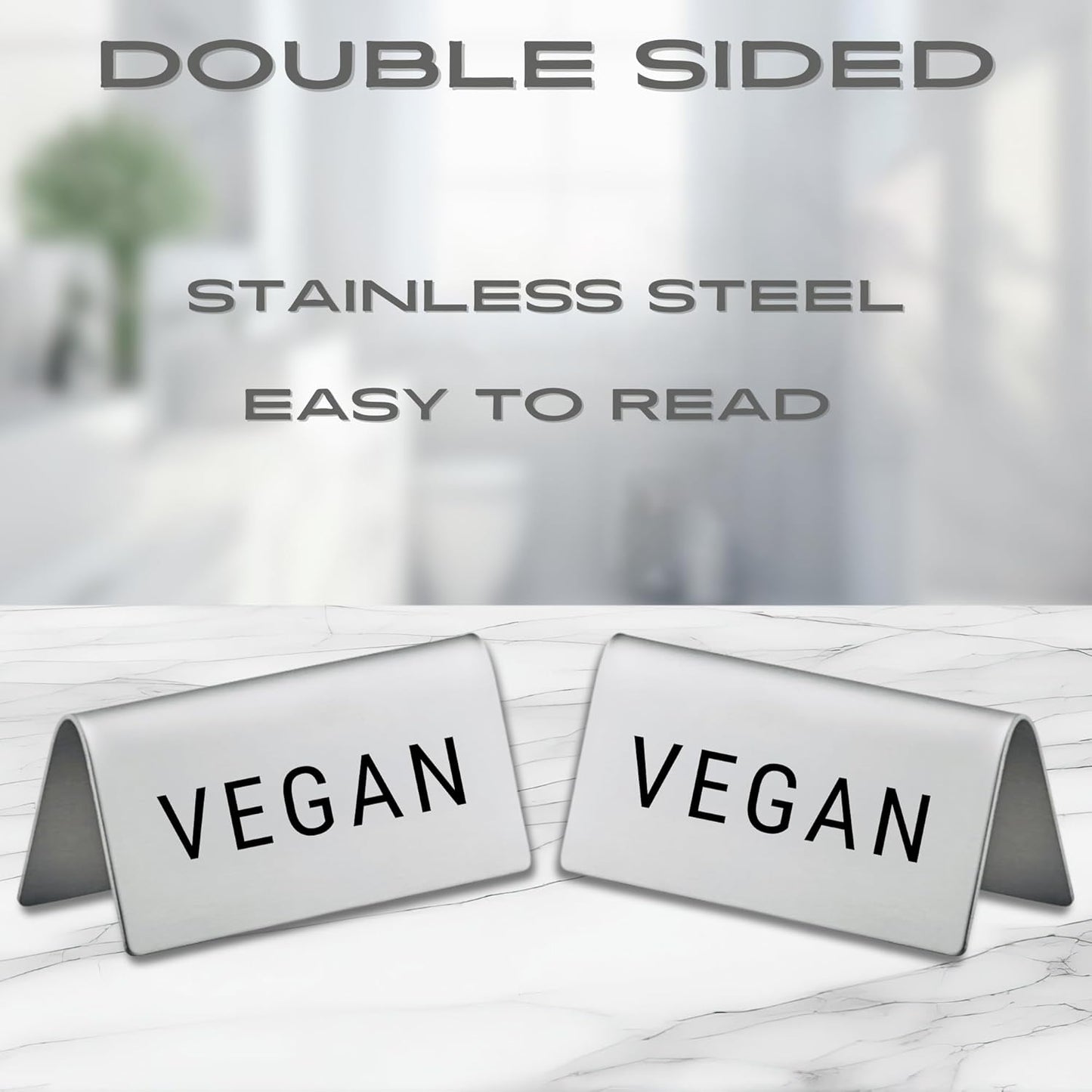 Vegan Stainless Steel Metal Table Tent Sign - 3" x 1-1/2" - Table Top Setting for Restaurants, Catering Businesses, Business. Great for Wedding, Banquet, Buffet, Party, Events. To Label Food Areas for