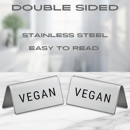 Vegan Stainless Steel Metal Table Tent Sign - 3" x 1-1/2" - Table Top Setting for Restaurants, Catering Businesses, Business. Great for Wedding, Banquet, Buffet, Party, Events. To Label Food Areas for Special Dietary Needs-4 PK