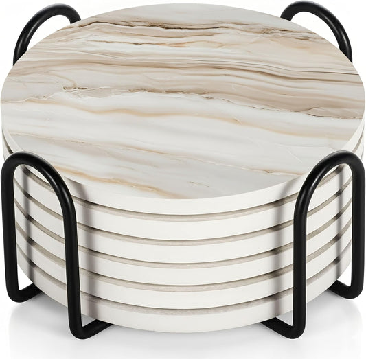 VEYRO Coasters Set of 6 for Drinks – Absorbent Ceramic Stone Drink Coasters with Cork Backing for Coffee Table & Desk, Modern Marble Look Cup Coaster Set, Housewarming Gift for New Home