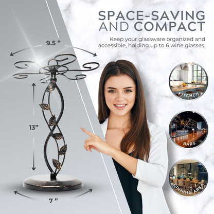 Wine Glass Rack – Elegant and Vintage-Inspired Wine Glass Holder for 6 Tall Glasses – Beautiful Leaf Design Wine Racks Countertop – Durable Metal Wine Glass Storage Rack – 9.5 x 9.5 x 13-inch