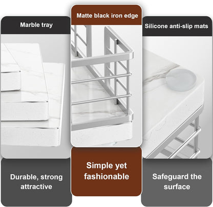 Wican Marble Guest Towel Holder Tray for Bathroom, Napkins Holder for Powder Room Dinning Table Wooden Basket for Disposable Paper Hand Towels Silvery and Marble White
