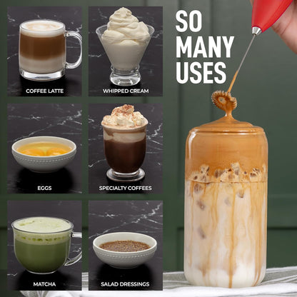 Zulay Kitchen Powerful Milk Frother Wand - Ultra Fast Handheld Drink Mixer - Electric Whisk Foam Maker for Coffee, Lattes, Cappuccino, Frappe, Matcha & Coffee Creamer - Milk Boss Cardinal Red