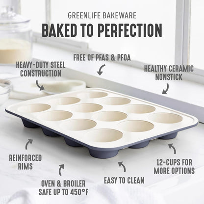 GreenLife 12-Cup Muffin Pan, Healthy Ceramic Nonstick Bakeware, PFOA & PFAS-Free Cupcake Sheet, Durable Baking Tray, Versatile Kitchen Essentials, Easy Clean Muffin Mold, Nonstick Baking Pan, Black
