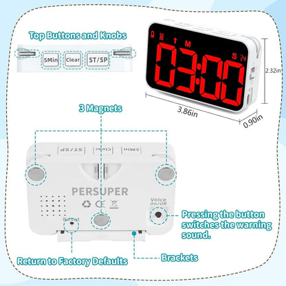Digital Timer for Kids, 199min 59s Countdown/Up, Rechargeable, Magnetic, 3 Brightness Display, 3 Volume Levels and Vibration, with Sound Alert Function, for Kitchen, Classroom, Study, Fitness