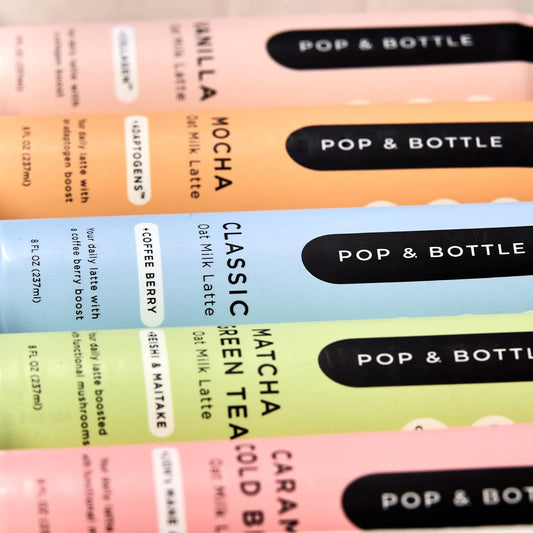 Pop & Bottle, Oat Milk Lattes - Maca, Antioxidants, Ashwagandha, MCT Oil, Collagen, Mushrooms, Organic, Dairy & Gluten Free, Great as Iced Coffee, Lightly Sweetened with Dates - 8 Fl Oz (15 Pack)