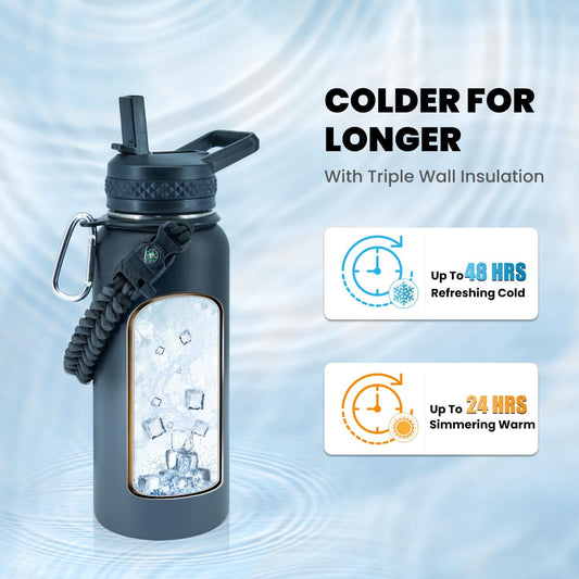 Insulated Water Bottle 32 oz, Triple Wall Vacuum Stainless Steel (Cold for 48 Hrs), Leak Proof & Non-BPA, Modern Water Flask Jug with Paracord Handle & Straw Spout Lids, Dark Grey