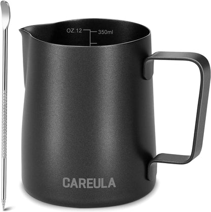 Milk Frothing Pitcher, 12oz Stainless Steel Milk Frother Cup Steaming Pitcher, Coffee Bar Cappuccino Espresso Machine Accessories Barista Tools, Metal Pitcher Milk Jug with Latte Art Pen, Matte Black