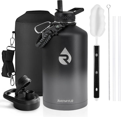 One Gallon Water Bottle Insulated, Triple Walled Vacuum Stainless Steel (Cold for 48 Hrs), Leak Proof & Non-BPA, Large Water Flask Jug with Paracord Handle & Straw Spout Lids