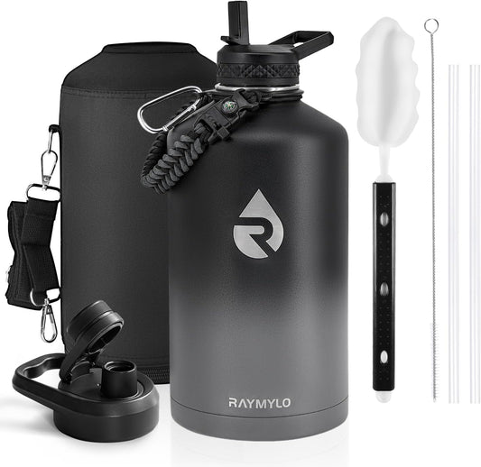 One Gallon Water Bottle Insulated, Triple Walled Vacuum Stainless Steel (Cold for 48 Hrs), Leak Proof & Non-BPA, Large Water Flask Jug with Paracord Handle & Straw Spout Lids