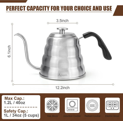 Gooseneck Kettle for Manual Drip Coffee & Tea 40oz Stainless Steel Pour Over Coffee Kettle with Thermometer Tea Kettle for Stovetop,1200ml,6 Cup,Silver,1Pack