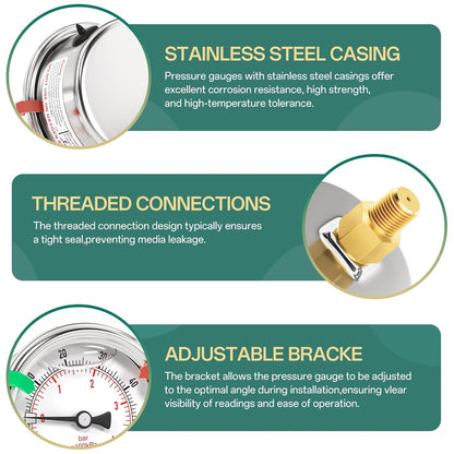 -30inHG-60PSI Stainless Steel Liquid Filled Pressure Gauge, 2.5" Dial Size, 1/8" NPT Back Mount, for Tube, Water Pump, Gas, Liquid, Pressure Test (with Range Mark Pointer)