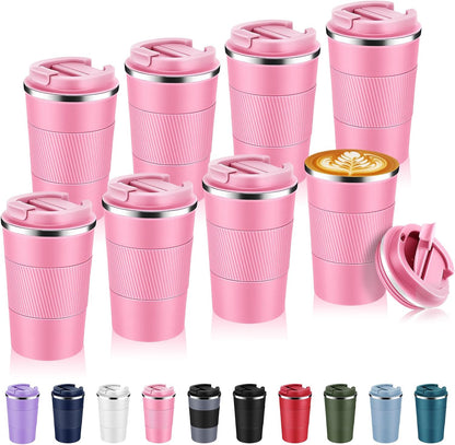 Volhoply 13 oz Stainless Steel Insulated Travel Coffee Mug with Fip Lid Bulk 8 Pack,Reusable Double Wall Vacuum Metal Coffee Cup,Portable Leak Proof Thermal Tumbler for Hot & Cold Drinks(Pink,8)
