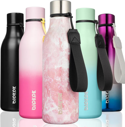 BJPKPK Insulated Water Bottles, 18 oz Stainless Steel Metal Water Bottle with Strap, BPA Free Leak Proof Thermos, Mugs, Flasks, Reusable Water Bottle for Sports& Travel, Blossom