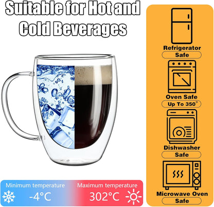 Set of 4 Double Walled Glass Coffee Mugs with Handles, 12oz Clear Coffee Mugs for Hot/Cold Beverages, Insulated Borosilicate Glass Cups for Cappuccino, Espresso, Latte, Tea, Milk, Microwave Safe