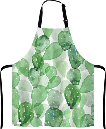 Cute Watercolor Cactus Adjustable Bib Apron, Succulent Olive Green Botanical Cooking Kitchen Apron for Men Women