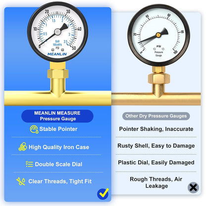 MEANLIN MEASURE 0-50Psi 2" DIAL FACE 1/4" NPT Well Pump Pressure Gauge, with 1/2" NPT and 3/8" NPT Hex Bushing, 3-2-3% Accuracy, Lower Mount