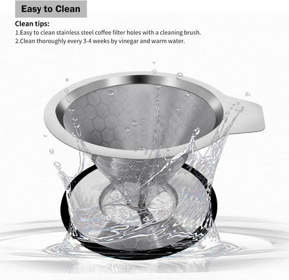 LHS Pour Over Coffee Dripper Reusable Coffee Filter Metal Cone Filter Paperless Coffee Filter Stainless Steel Pour Over Coffee Maker Single Cup Brew Coffee Filter, Double Mesh