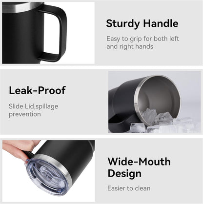 HASLE OUTFITTERS 20oz Tumbler with Lid, Stainless Steel Tumbler with Handle, Metal Insulated Travel Coffee Mug with Handle, Double Wall Vacuum Spill Proof Tumbler Cup, Black 1 Pack