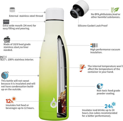BJPKPK Insulated Water Bottle 17oz Stainless Steel Water Bottles Dishwasher Safe Reusable Metal Thermos Keep Cold and Hot,Elegant Green