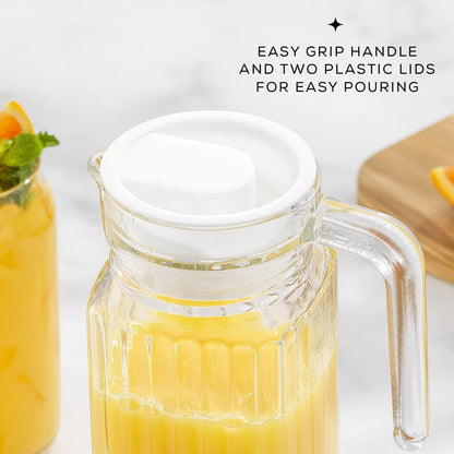 40oz Glass Pitcher with Lid (2 Lids) - Beverage Serveware, Storage Container and Carafe for Cold Drinks and Liquids. Glass Water Pitcher also for Juice, Bedside Carafe, Sun Tea Jar