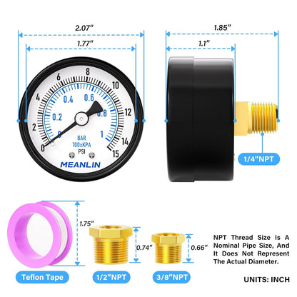 MEANLIN MEASURE 0-15Psi 2" DIAL FACE 1/4" NPT Well Pump Pressure Gauge, with 1/2" NPT and 3/8" NPT Hex Bushing, 3-2-3% Accuracy, Center Back Mount