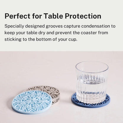 Set of 6 Baby Blue Silicone Coasters with Holder, Drink Coasters with Tribal Pattern Shape- for Table Protection, Anti Slip, Nonstick, Heat Resistant, Deep Tray