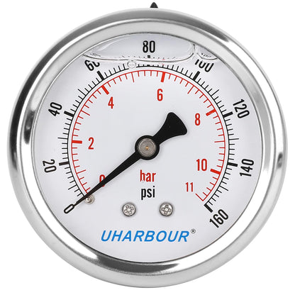 Glycerin Filled Pressure Gauge 160psi/11bar, Stainless Steel case, Brass Inside Construction, 2-1/2" dial, 1/4" NPT Back Connection.…