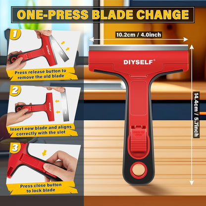 DIYSELF Razor Blade Scraper, 1 Pack Scraper Tool with 10pcs 4-Inch Blades, Razor Scraper for Cleaning Glass, Window, Stove Top, Oven, Kitchen, Cooktop, Shower Door, Sticky Residue, Tile, Wallpaper