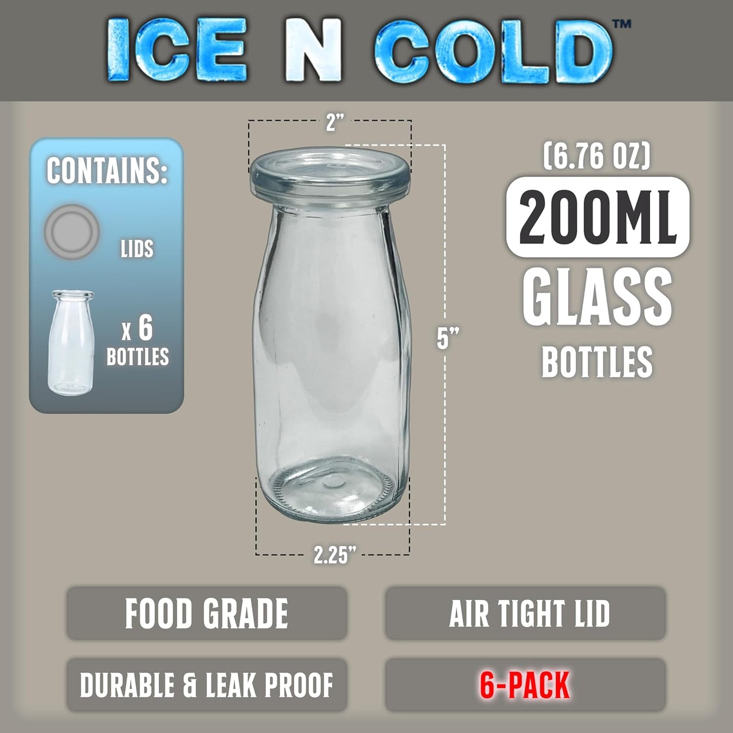 6.76 oz / 200ml Vintage Glass Bottle with Leakproof Clear Lid, Reusable & Eco-Friendly – Ideal for Milk, Juices, Smoothies, Infused Water, BPA-Free Glass Bottle (6-Pack)