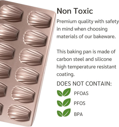 Non Toxic Nonstick Madeleine Pan 12 Well Set of 2 (24 wells) | Non Stick Nontoxic Madeleines Pans for baking | Madeleine Cake Cookie Mold | Madeleine tray for oven | French tin 12