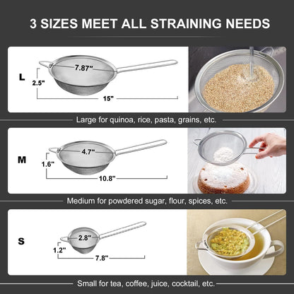 Walfos Fine Mesh Strainers Set, Premium Stainless Steel Colanders and Sifters, with Reinforced Frame Sturdy Handle, Perfect for Sift, Strain, Drain Rinse Vegetables, Pastas Tea - 3 Sizes